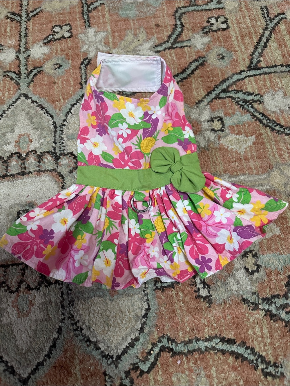 Pink Tropical Floral Dog Dress with Green Bow